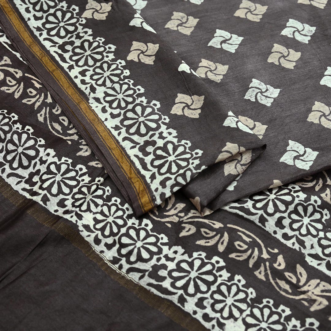 Indian Vintage Sari Brown & Ivory Pure Chanderi Silk Block Printed ...