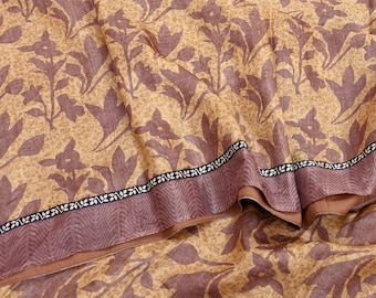 Vintage Brown Beige Pure Khadi Silk Saree 5Yd Handloom Printed Sari Fabric Pure Silk Boho Textile Eco Friendly Dressmaking Christmas Gift