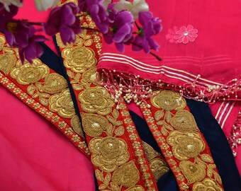 Indian Vintage Red & Blue Sari Border Hand Embroidered Indian Craft Trim Lace Sewing Sari Ribbon Pure Crepe silk Zari