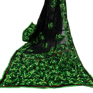 Indisk vintage Dupatta svart lång stola blandning Georgette handbroderad Phulkari stola halsdukar festkläder