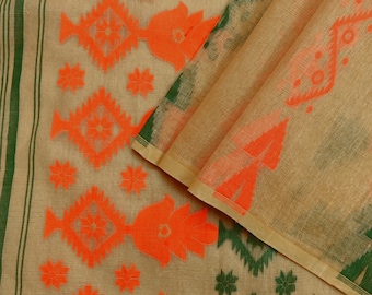 Indian Vintage Sarees Beige Pure Cotton Hand Woven Jamdani Sari 5yd Ethnic Floral Craft Fabric Dress making Upcycle Crafting Quilting