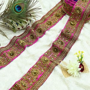 Indian Vintage Sari Border Magenta Hand Embroidered Craft Trim Lace 1Yd Sewing Sari Ribbon Dress making Dress Designing Decor Dabka