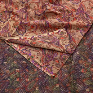 Women Vintage Sari Beige & Purple Pure Chiffon Silk Printed Saree Craft Fabric Sewing 6Yd Soft Light Sari Dress Making Floral