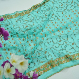 Indian Vintage Green Dupatta Blend Chiffon Long Stole Embroidered Scarves Floral Design Stole Veil Wrap