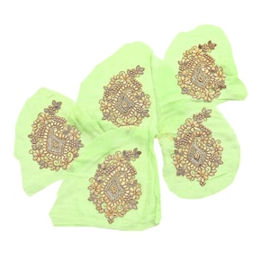 Indian Vintage Green Pure Georgette Silk Appliques Set of 5 Hand-Embroidered Patches with Zardozi, Dabka ,for Craft Journals 5x3.5"