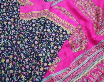 FREE SHIPPING Indian Vintage Pink & Blue Saree 100% Pure Silk Printed Indian Sari Fabric 5yard Sewing Craft DressMaking  Soft Floral Decor