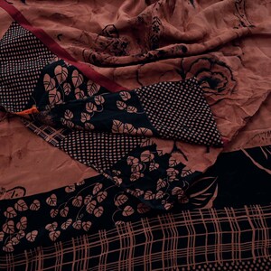 Indian Vintage Brown & Black Saree Pure Crepe Silk Printed Sari 5yd Sewing Floral Soft Craft Fabric Wrap Dress Making Crafting Quilting