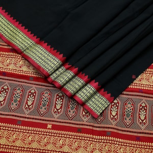 Sari vintage indien noir et rouge soie sari tissé à la main tissu 5 yd couture artisanat robe faisant doux floral ethnique