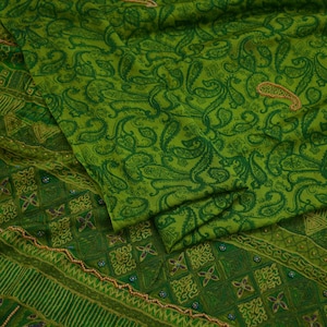 Indian Vintage Green Dupatta Pure silk Long Stole Hand Embroidered Scarves Floral Stole Veil Wrap
