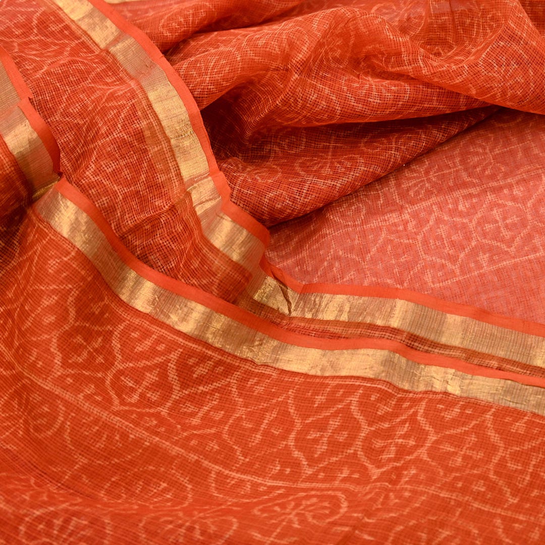 Indian Vintage Sari Orange Block Printed Chanderi Cotton Craft Fabric ...