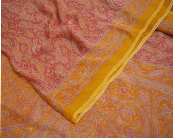 FREE SHIPPING  Women Vintage Saffron & Pink Saree Pure Chiffon Silk Printed Sari Craft Fabric Sewing 5Yard Soft Light Sari Dress Making