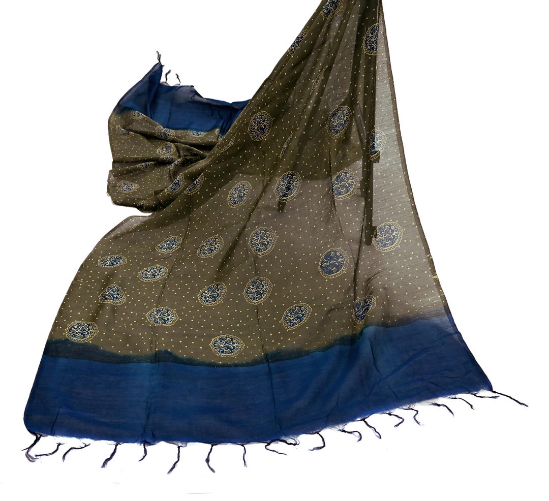 Indian Vintage Dupatta Blue Dupatta Long Stole Block Print Pure Chanderi Silk Scarves Veil Golden Zari