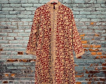 Indian Vintage Maroon Embroidered Kashmiri Coat, Aari Embroidery, Raw Silk Coat, Boho Jacket For Both Women/Men Indian Coat