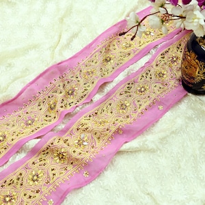 Indian Vintage Pink Border Hand Embroidered Craft Trim 1yd Lace Sewing Pure Georgette Silk Ribbon Recycled Sari Border Decor Gift Wrapped