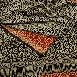 Indian Vintage Sari Brown & Orange Pure Crepe Silk Block Printed Sarees 5yd Sewing Soft Craft Fabric Wrap Dress making Crafting Quilting