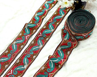 Indyjska vintage border czerwona ręcznie haftowana Chikankai 1Yd rękodzielnicza koronka do szycia wstążka sari Zardozi/Dabka Zari Decor w opakowaniu prezentowym