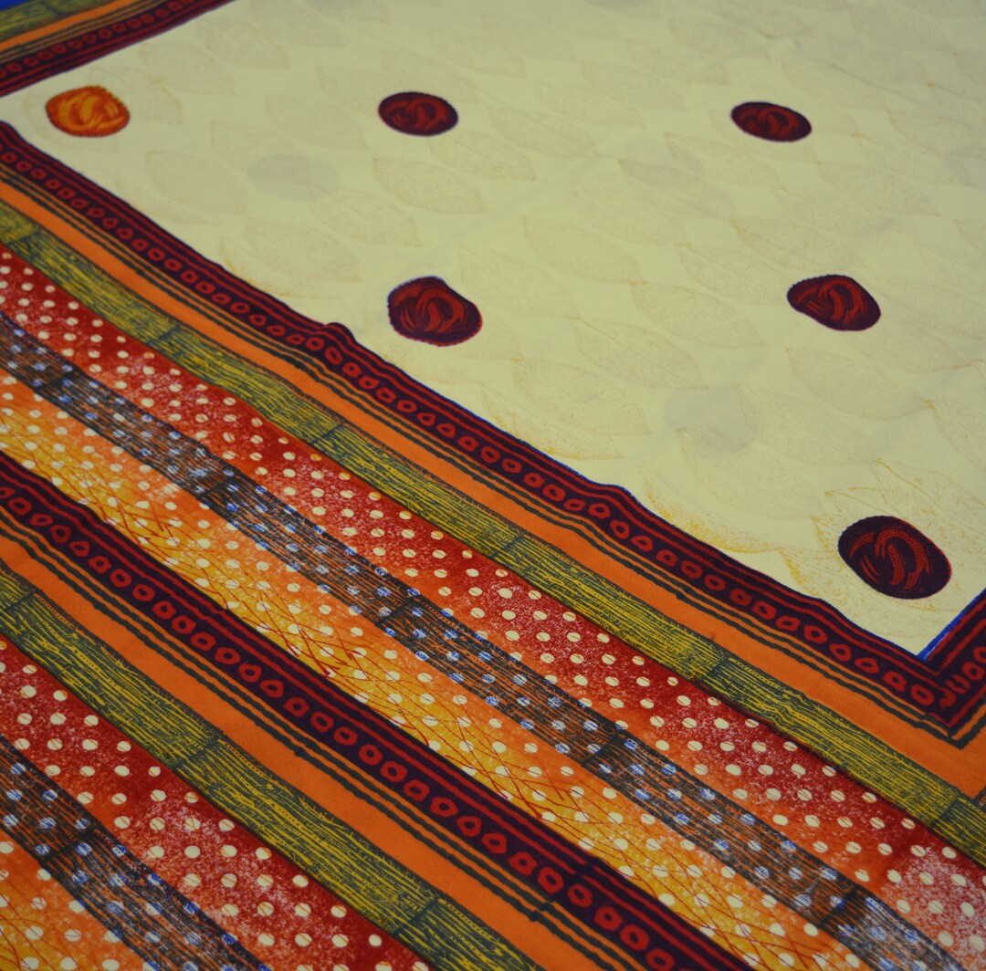Vintage Sari Beige & Blue Pure Silk Printed Saree Fabric 5yard Sewing Soft Dress Designing for Crafting Quilting Upcycle Soft