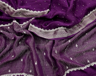 Dupatta púrpura vintage india, estola larga de seda pura bordada a mano, bufandas con diseño floral, velo, zari zardozi.