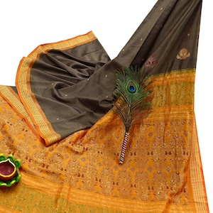 Indian Vintage Sari Saffron & Brown 100% Pure Silk Hand Woven Sarees Craft Fabric 5Yd Ethnic Sewing Dress making Crafting Quilting Upcycle