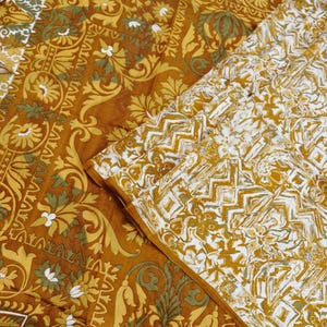 Indian Vintage Sari Green & White 100% Pure Silk Printed Sarees 6yd Craft Fabric Sewing Floral Dress Making Upcycle Quilting Crafting Used