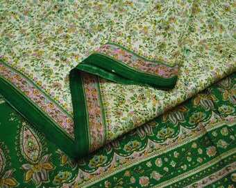 Vintage Green & Cream Saree Pure Silk Printed Indian Sari Fabric 6yard Sewing Craft DressMaking  Soft Floral Indian Sari FREE SHIPPING