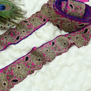 Indian Vintage Sari Border Magenta Hand Embroidered Craft Trim Lace 1Yd Sewing Sari Ribbon Dress making Dress Designing Decor Dabka