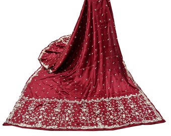 Dupatta vintage color burdeos de pura seda satinada, velo de novia bordado a mano con zardozi, estola pesada para bodas indias, chal, bufanda para mujer