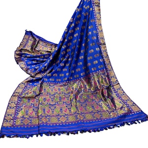 Indian Antique Vintage Heavy Blue Dupatta Pure Silk Long Stole Hand Woven Assam Scarves Veil Scarf Zari Fringes