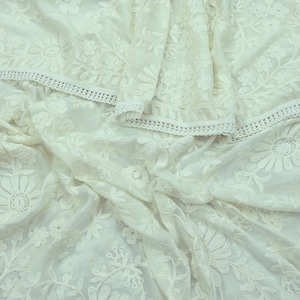 Indian Vintage White Dupatta Blend Chiffon Long Stole Embroidered Scarves Floral Design Stole Veil Wrap