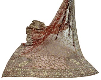 Indiase vintage zware bruiloft rode dupatta net lange stola handgeborduurde sjaals gouden Zardozi Zari pailletten bruidssluier