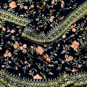 Indian Vintage Blue Pure Chiffon Silk Dupatta | Embroidered & Woven | Soft Long Scarf, Veil, Hijab, Wrap | Party Wear Fabric Stole