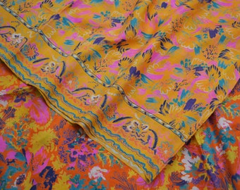 FREE SHIPPING Indian Vintage Orange & Saffron Saree Pure Silk Printed Indian Sari Craft Fabric 6yard Sewing DressMaking  Soft Wrap Floral