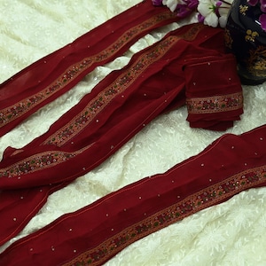 Indian Vintage Red Sari Border Hand Embroidered Craft Trim Lace Sewing Sari Ribbon Pure Crepe silk 1yd For Dress Making Designing Zari