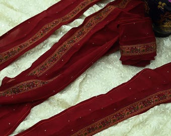 Vintage Red Sari Border: Hand Embroidered Crepe Silk Ribbon, Zari Trim