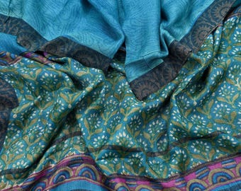 Indian Vintage Blue Long Stole Pure Woolen Scarf Dupatta Infinity Scarves Printed Sarong Wrap Craft Fabric Veil Hijab Shawl
