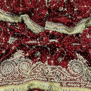 Indian Vintage Heavy Maroon Wedding Dupatta | Pure Satin Silk | Hand Embroidered Zardozi, Dabka, Zari & Beaded Bridal Stole, Veil Scarves