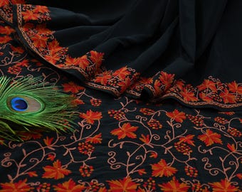 Indian Antique Vintage Heavy Sari Black Pure Crepe Silk Kashmiri Ari Hand Embroidered Sarees 5Yd Sewing Ethnic Dress making Crafting