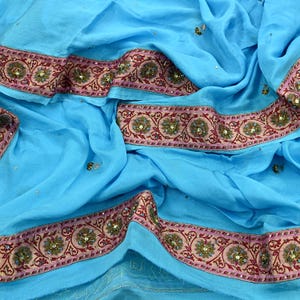 Indian Vintage Blue Dupatta Pure silk Long Stole Hand Embroidered Scarves Floral Design Stole Veil Wrap Zardozi Sequins