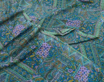 Vintage Indian Silk Sari: Blue Floral Print Fabric, 6yd Craft Supply