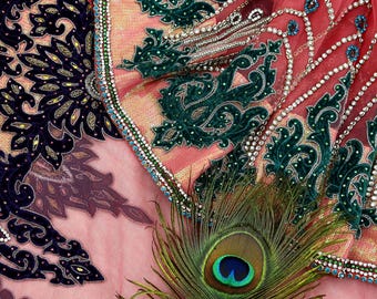 Indian Vintage Heavy Sari Peach Net/Mesh Hand Embroidered Sarees Craft Fabric 5Yd Sewing Soft Zardozi Wedding sarees