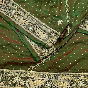 Indian Vintage Green Dupatta Pure Silk Long Stole Hand Embroidered Scarves Floral Design Stole Veil Wrap Sequins