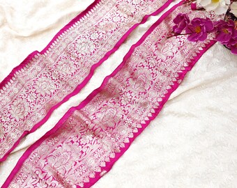 Indisk vintage rani rosa banarasi sidensari kantband 1yd ren zari vävd band spets återvunnen sari hantverkstyg för sömnad heminredning