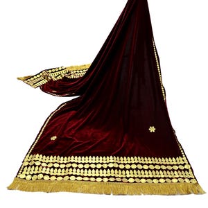Indian Vintage Dupatta Maroon Velvet Long Stole Embroidered Scarves Golden Gota Patti Stole