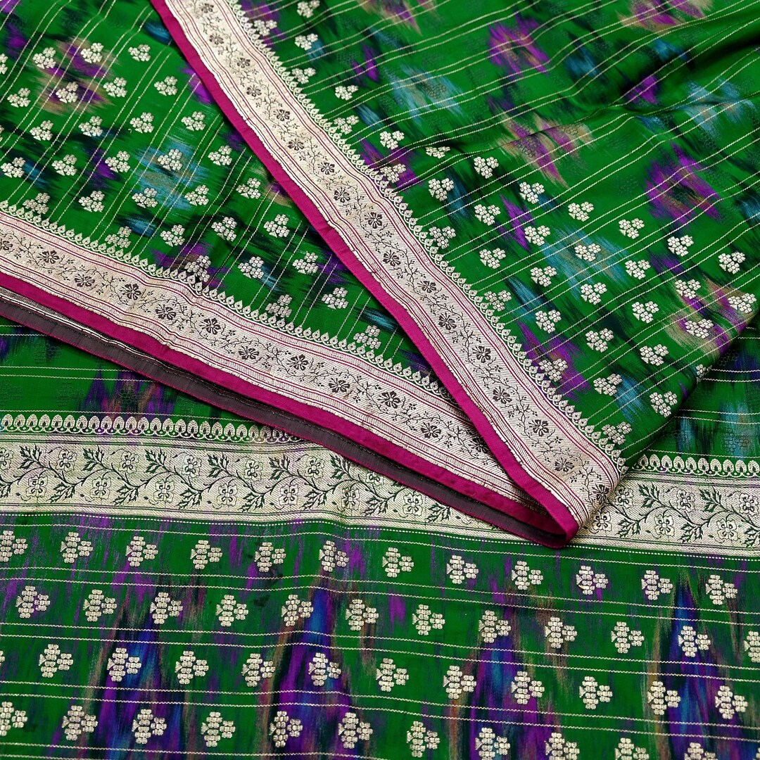 Indian Vintage Sari Green Heavy Pure Satin Silk Woven Banarasi Tanchoi ...