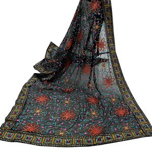 Indian Vintage Dupatta Black Pure Georgette silk Long Stole Embroidered Scarves Stole Veil Wrap