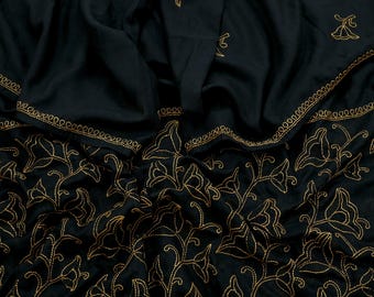 Indian Vintage Dupatta Black Long Stole Pure Cotton Hand Embroidered Kantha Scarves Veil Scarf Wrap For Women's