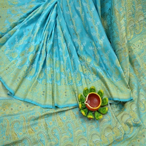 Indian Vintage Sari Heavy Pure Silk Blue Woven Brocade Saree 5Yard Floral Ethnic Soft Silver Zari