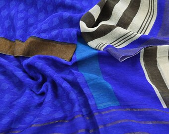 Indian Blue Vintage Dupatta Long Stole Printed Woven Pure Chanderi Silk Indian Scarves Veil Golden Zari Soft Fringes