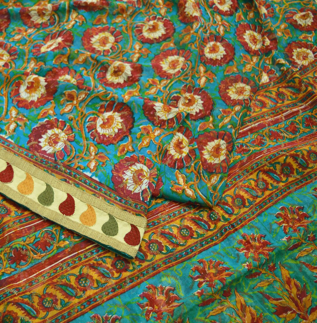 Indian Vintage Sari Printed 100% Pure Cotton Saree Craft Fabric 5Yd Soft Sewing Sarong Wrap Boho Stripes Dress making Quilting