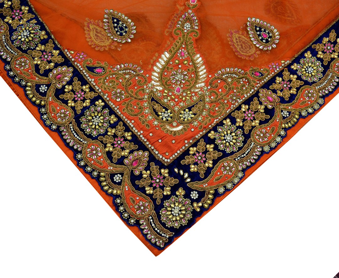 Indian Vintage Heavy Coffee Brown Dupatta Net Mesh Long Stole Hand Embroidered Scarf Zardozi Zari Sequins Stole Bridal Veil main image 1